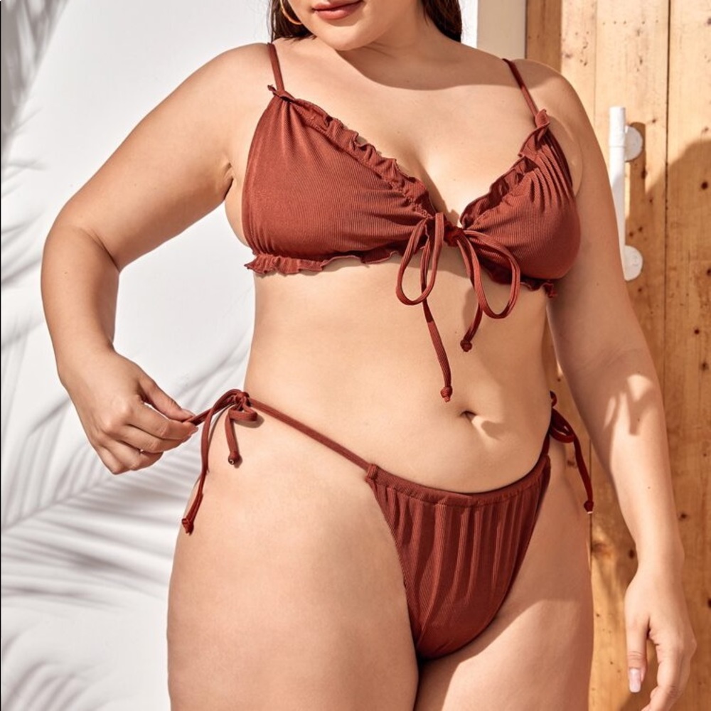 Plus Frill Trim Tie Side Bikini Swimsuit
